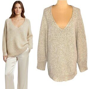 Massimo Dutti Alpaca Blend Sweater Sz L Cream Gold Thread V-Neck Metallic Chic